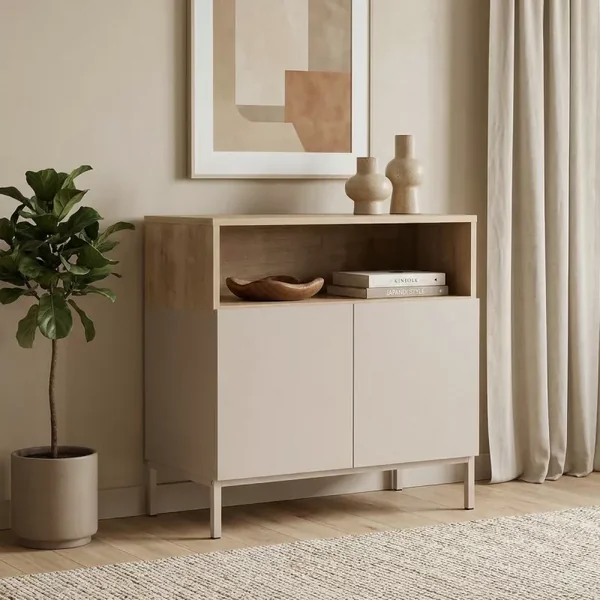 Petit buffet 2 portes 1 niche décor cachemire et bois L80 cm - OLIVER