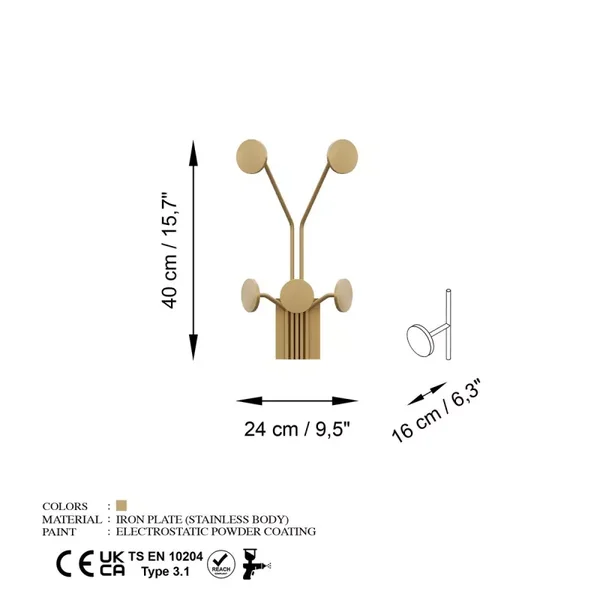 Porte manteaux mural 5 patères en métal doré H40 cm - GIRAFFE
