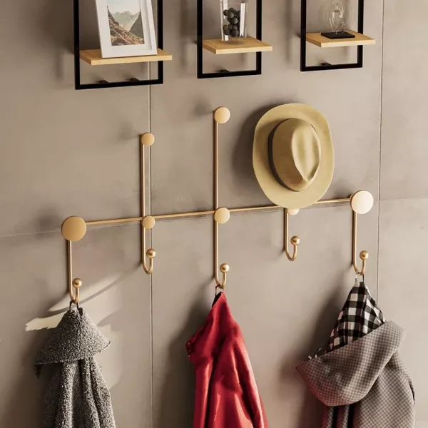 Porte manteaux mural 8 patères en métal doré H45cm - IYON