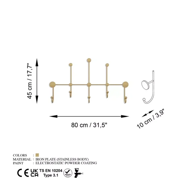 Porte manteaux mural 8 patères en métal doré H45cm - IYON