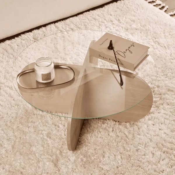 Table basse avec pieds croisés et plateau en verre trempé D75 cm - AERIS