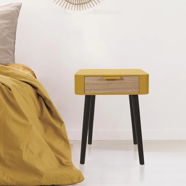 Table de chevet 1 tiroir en bois collection SHIREL jaune moutarde