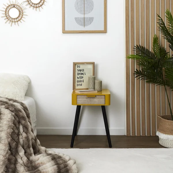 Table de chevet 1 tiroir en bois collection SHIREL jaune moutarde