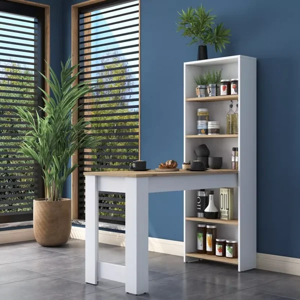 Table de cuisIne avec étagère de rangement intégré blanc et décor bois L120 cm