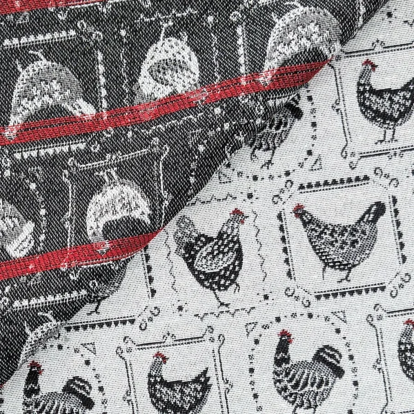 Tissu jacquard tissé teint polyester et coton 358 g/m² collection POULES blanc et noir