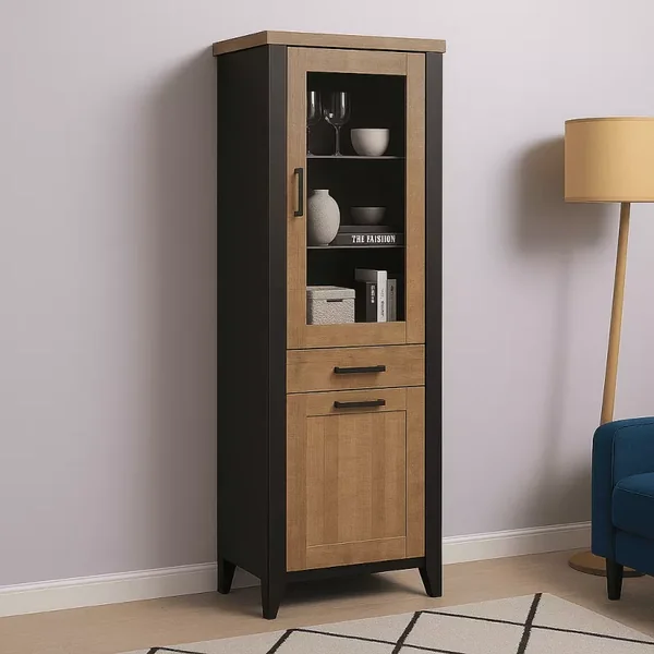 Vitrine 2 portes dont 1 avec verre trempé et 1 tiroir L70 cm - EMILE
