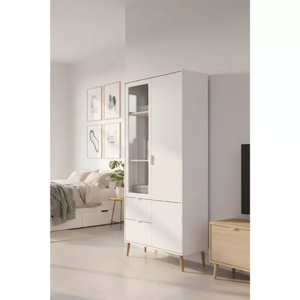 Vitrine 2 portes dont 1 vitrée, 5 étagères, 2 tiroirs décor blanc et chêne H190 cm - KLINT