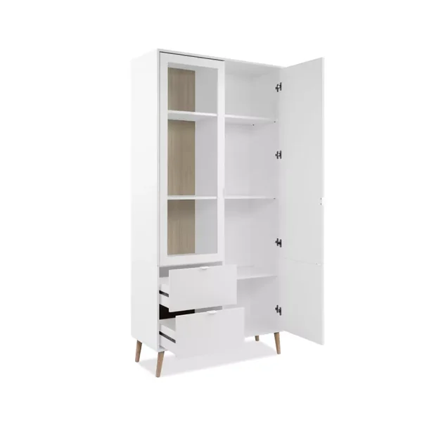 Vitrine 2 portes dont 1 vitrée, 5 étagères, 2 tiroirs décor blanc et chêne H190 cm - KLINT